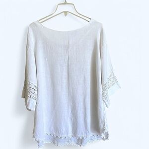 SENZA TEMPO Italian Linen White Top w Crochet Trim
